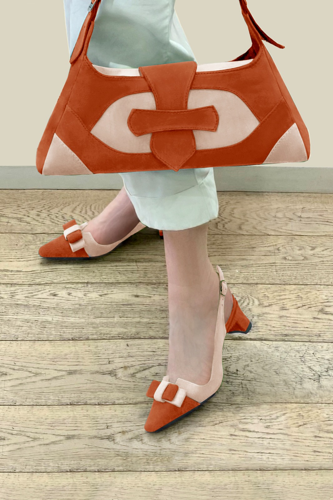Terracotta orange and powder pink women's open back shoes, with a knot. Tapered toe. Low kitten heels. Top view - Florence KOOIJMAN